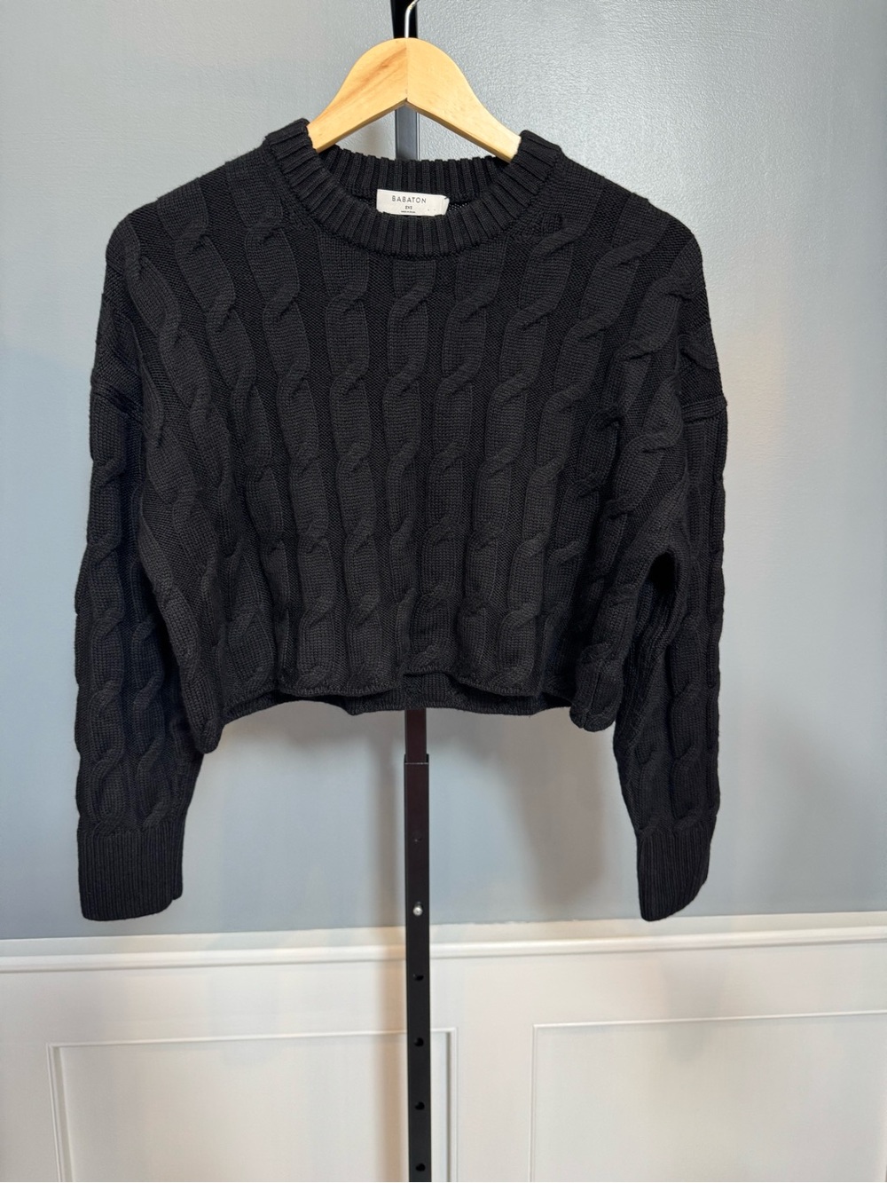 Aritzia Babaton Glory Merino Wool Sweater 2XS Black Cable Knit Cropped